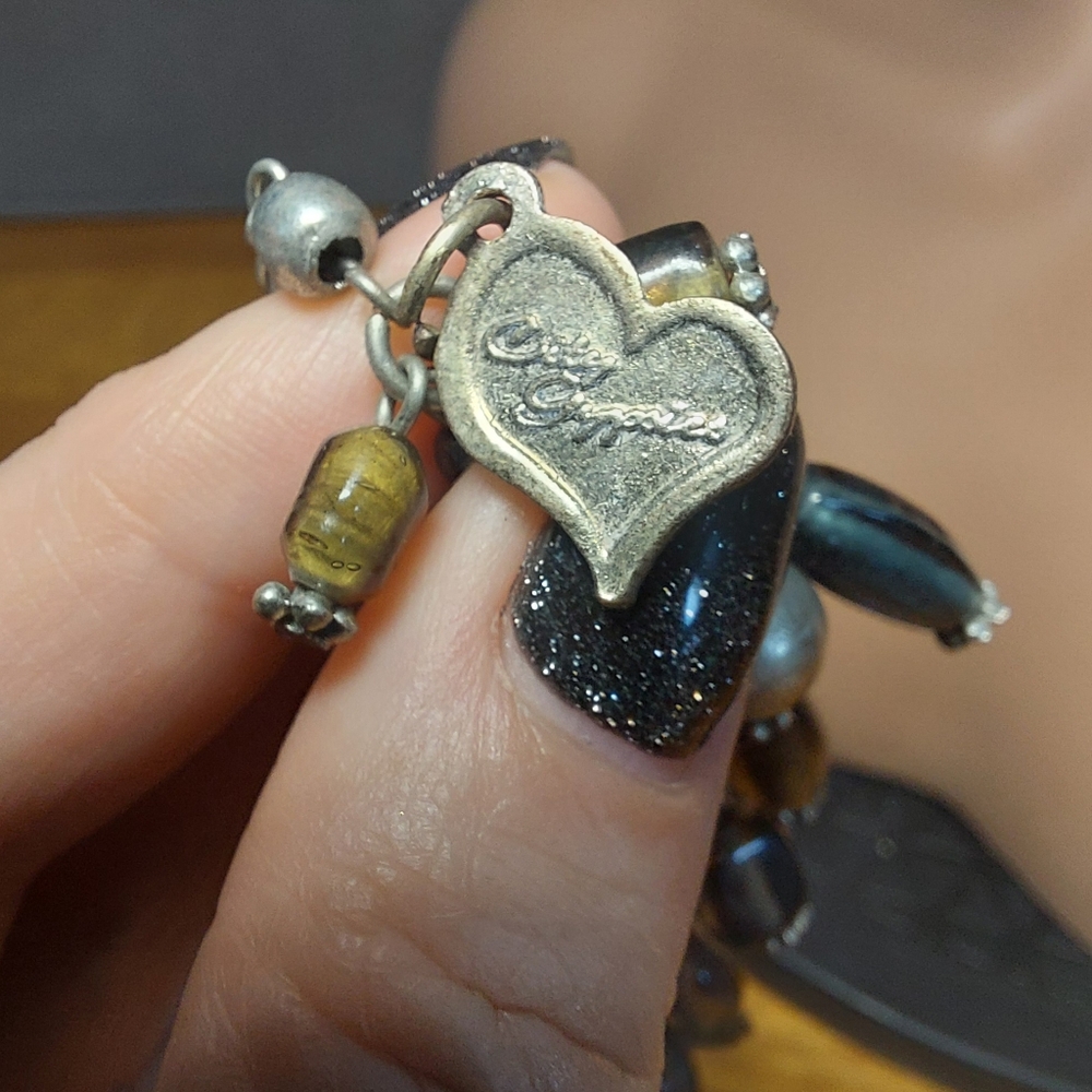 Silvertone Glass Bead Charm Bracelet Brown Stone Leaf Boho - Picture 6 of 6
